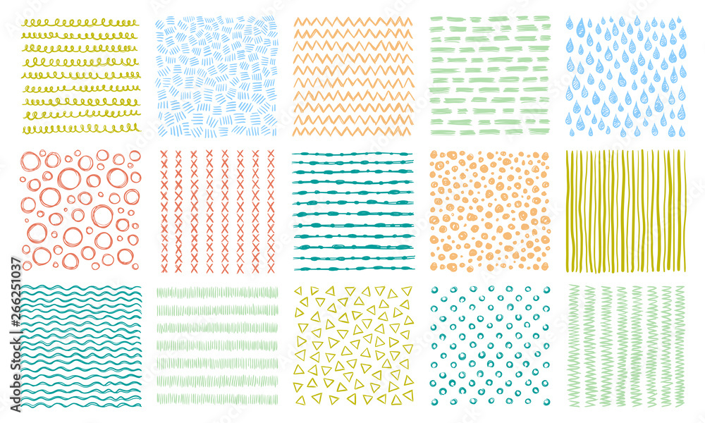 Poster hand drawn textures. scribble pattern, curved lines patterns and lined texture vector background set