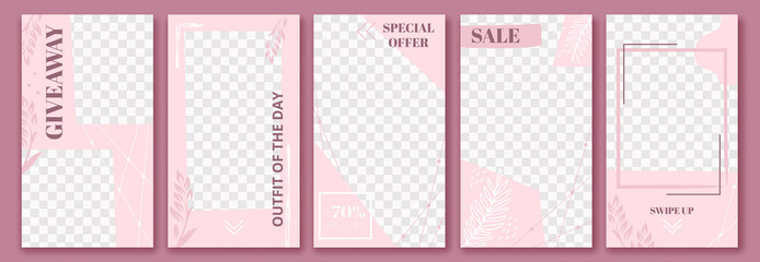 Pink stories template. Cute story post layout, fashion floral poster and graceful sale stories templates layout vector set