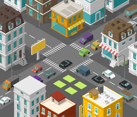 Isometric city. Town district street. Advertising billboard on the road Intersection crosswalk. Vector high detail city projection view. Cars end buildings top view.