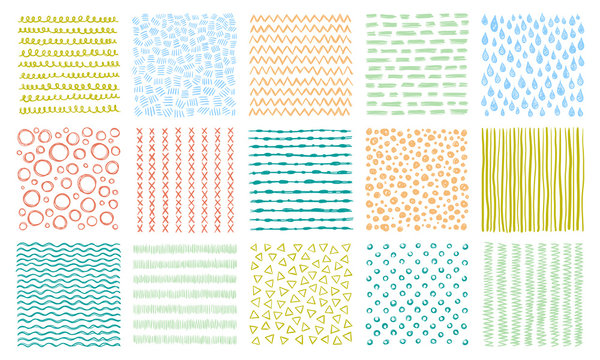 Hand drawn textures. Scribble pattern, curved lines patterns and lined texture vector background set