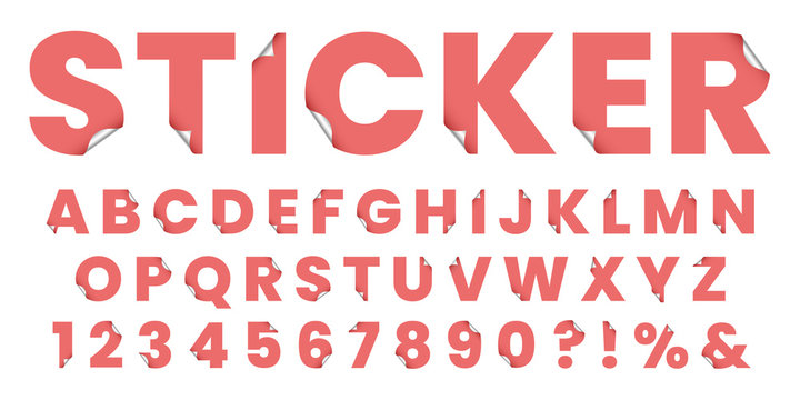 Sticker font. Sticky paper alphabet letters, stylized notepad stickers lettering and 3d fonts label symbols vector illustration set