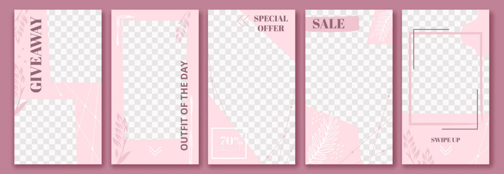 Pink Stories Template. Cute Story Post Layout, Fashion Floral Poster And Graceful Sale Stories Templates Layout Vector Set