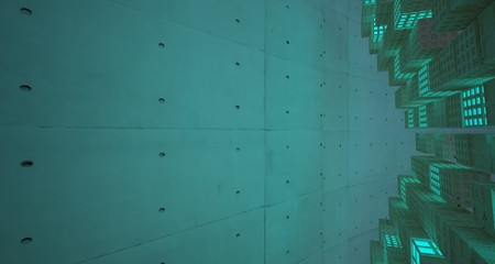 Abstract  Concrete and Glass Futuristic Sci-Fi interior With Pink And Blue Glowing Neon Tubes . 3D illustration and rendering.