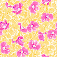 spring background. pink and yellow flowers. vector seamless pattern. floral backdrop. textile paint. repetitive background. fabric swatch. wrapping paper. modern stylish texture