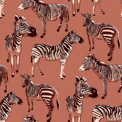 Graphic seamless pattern of standing zebras drawn in the technique of rough brush