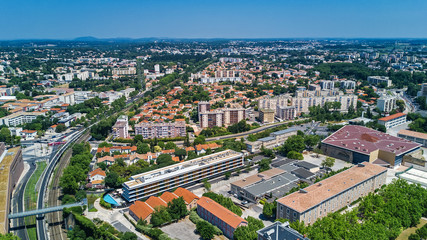 Fototapeta premium Aerial top view of Montpellier city skyline from above, Southern France