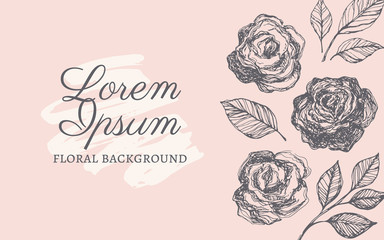 Roses card template. Floral hand drawn vector background