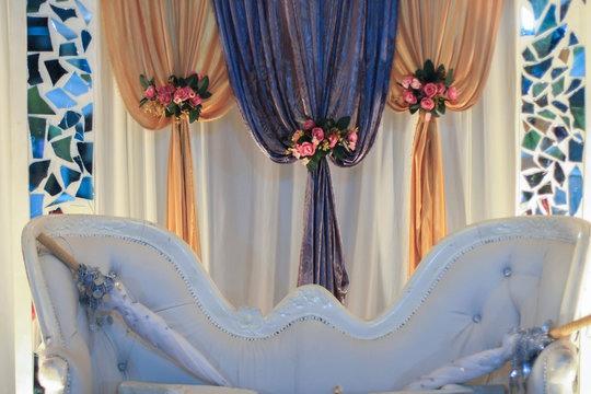 Close-up And Selective Focus Of Artificial Flower Use As Wedding Dais Decoration. Wedding Dais Also Known As 