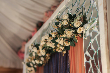 Close-up and selective focus of artificial flower use as wedding dais decoration. Wedding dais also known as "Pelamin" in Malaysia.