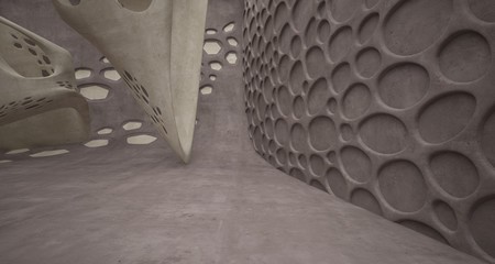Empty dark abstract brown concrete room smooth interior. Architectural background. Night view of the illuminated. 3D illustration and rendering