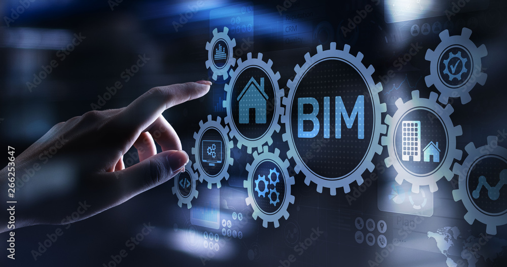 Poster bim building information modeling technology concept on virtual screen.