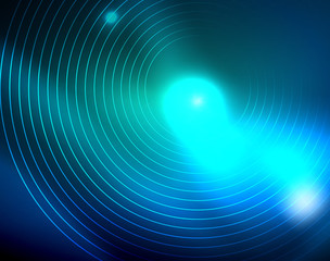 Blue neon circles, abstract circular lines. Glowing circle abstract pattern background