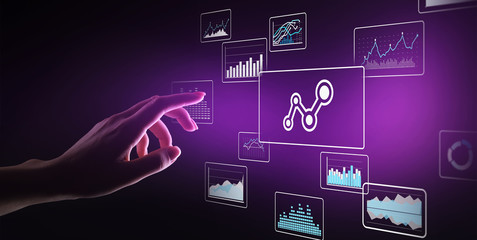 Big data analysis, business intelligence, technology solutions concept on virtual screen.