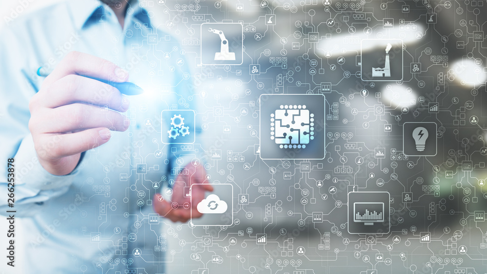 Poster microchip, artificial intelligence, automation and internet of things, iot, digital integration. bus