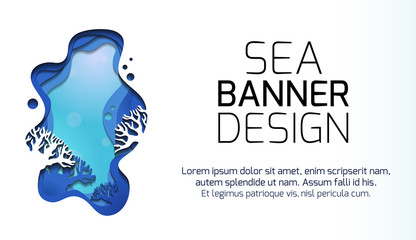 Horizontal banner with 3d illustration of marine landscape with reefs, cut out of paper. Layered scene with place for text. Vector element for articles, invitation and your design.