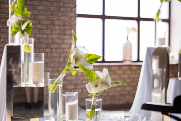 white callas in a glass vase closeup