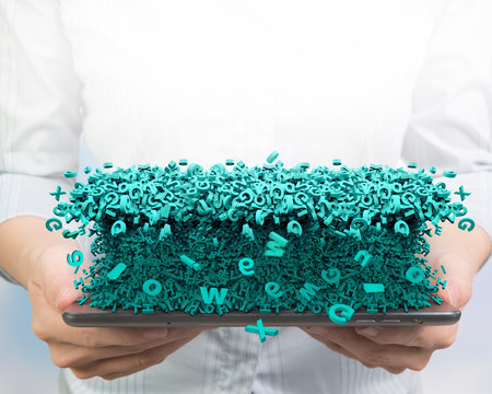 Big data concept. Woman hands holding smart tablet with huge amount of green letters and numbers in wave shape, front view.