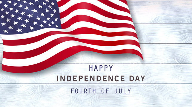 4th of july holiday banner on white wooden background. Independence day greeting card with waving American flag. July fourth poster, flyer, invitation design with text