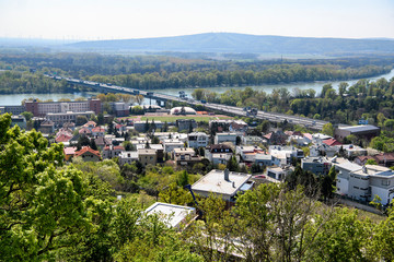 View of the Danube River and the Lafranconi bridge in Bratislava, Slovakia. April 2019