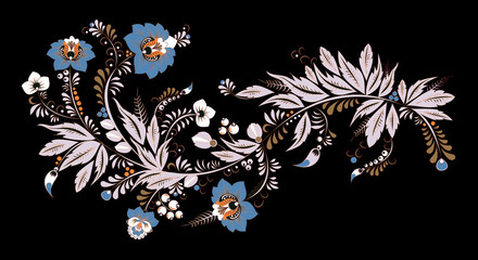 stock vector abstract  flowers and waves, doodle floral bouquet. oriental or arabic, russia textile design. template for card. banner. botanic set