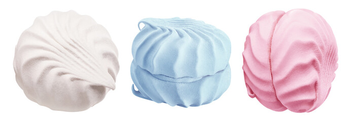 Set of delicious sweet dessert colorful zephyr marshmallows, isolated on white background