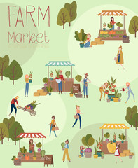Farmer's market poster with people selling and shopping at walking street, organic fruits and vegetables, cartoon flat design. Editable vector illustration