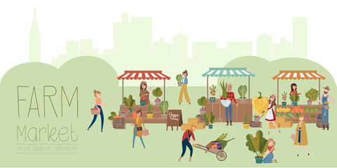 Farmer's market poster with people selling and shopping at walking street, organic fruits and vegetables, cartoon flat design. Editable vector illustration