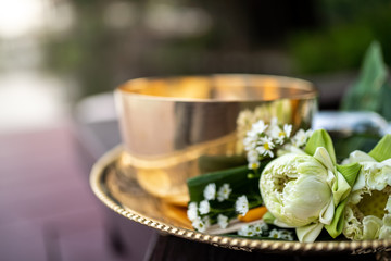 Thai traditional give alms to a Buddhist monk