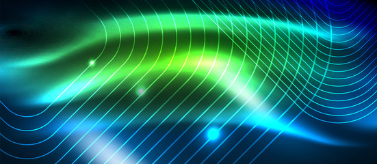 Neon glowing techno lines, hi-tech futuristic abstract background template with square shapes