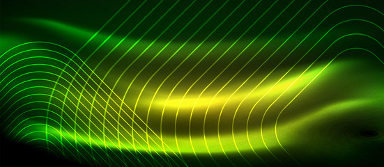 Dark background with neon glowing elements, shiny motion concept