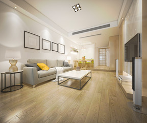 3d rendering modern dining room and living room with luxury decor