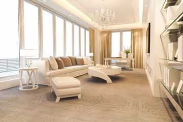 3d rendering loft luxury living room and working room with bookshelf