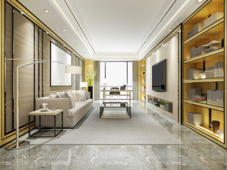 3d rendering loft luxury living room and working room with bookshelf