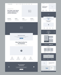 One page website design template for business. Landing page wireframe. Flat modern responsive design. Ux ui website: home, info, features, opportunities, offers, benefits, testimonials, contacts.