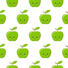 Vector seamless pattern illustration with cute kawaii apples on white background. Cartoon style