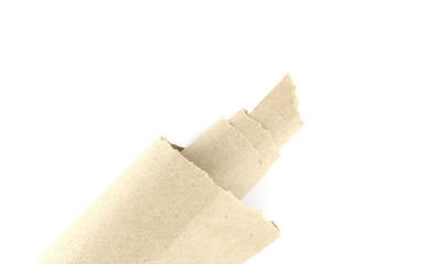 Recycled brown torn or ripped pieces of paper craft stick on a white background