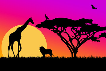Fototapeta na wymiar African savanna landscape. Wild animals in National park. Safari travel concept