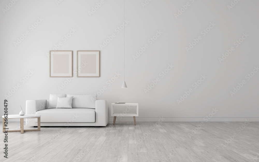 Aufkleber View of white living room in minimal style with sofa and furniture on laminate floor.Perspective of minimal design architecture. Picture frame on the wall. 3d rendering.	
