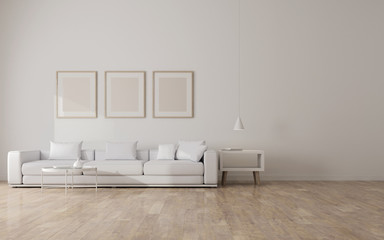 View of white living room in minimal style with sofa and furniture on laminate floor.Perspective of minimal design architecture. Picture frame on the wall. 3d rendering.	