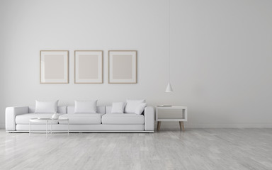 View of white living room in minimal style with sofa and furniture on laminate floor.Perspective of minimal design architecture. Picture frame on the wall. 3d rendering.	
