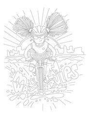 Cute hand draw coloring page with brave girl. Feminist zen art vector illustration for colouring pages - little girl heatedly driving bike with lettering My Way My Rules.