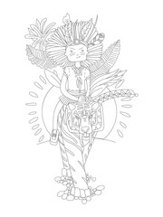 Cute hand draw coloring page with brave wild child - girl sitting on tiger with tribal ornament and sunset. Cute girl riging wild animal, vector outline illustration for coloring pages. Wild girl
