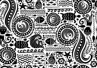 Polynesian style marine background, tribal seamless pattern for your design - obrazy, fototapety, plakaty