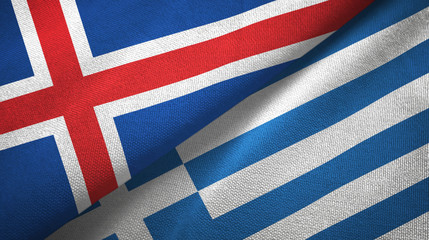 Iceland and Greece two flags textile cloth, fabric texture