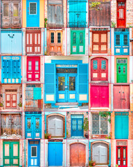 Beautiful collage of different colorful doors of Lefkara village - the most famous touristic village near Limassol in Cyprus.