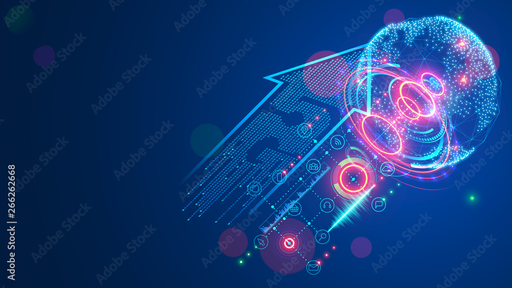 Poster 5g sign arrow consist digits matrix. Global high speed internet via wireless network concept. Modern mobile communication technology background. Abstract telecommunication signal connection with world