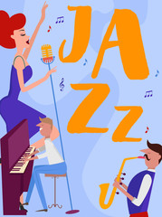 Jazz music festival poster with musicians and musical instruments. Editable vector illustration