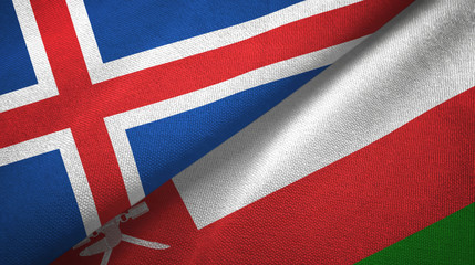 Iceland and Oman two flags textile cloth, fabric texture