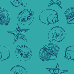 Vector summer beach background. Seashells, starfish, coconut, pineapple rings on blue sea backdrop.