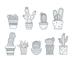 A set of cacti. Doodle style Black color. Isolated on white background